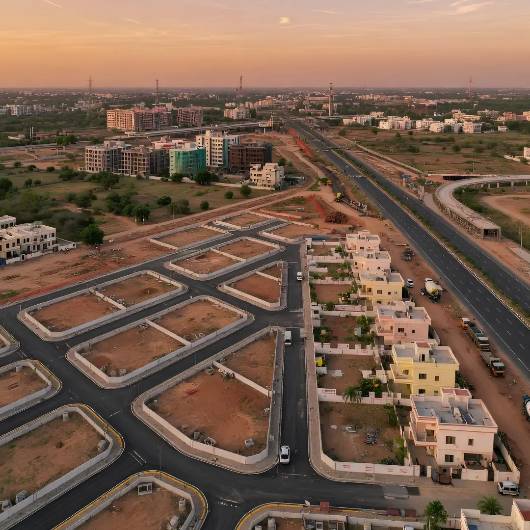 Aerial view of Sangareddy NH-65 corridor showing open plots and highway development at sunset